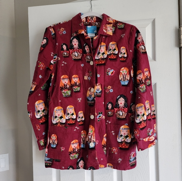 Nick & Nora Hippie Russian Nesting Doll Pajama Top Shirt Cotton Flannel Medium - Picture 6 of 13